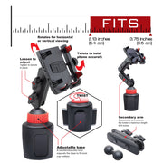 Custom Accessories Tuff Tech Rugged Cradle Cup Mount, Adjustable Base, Extendable Arm to 8 in, 360-Degree Rotating Head, Rubber Padding, Quick Release Button