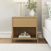 Mainstays Modern 1 Drawer Nightstand with Natural Teak Finish, Particle Board and MDF Construction, Rectangle Shape, 35 lb Load Capacity, MS3611136571NO