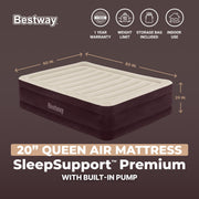 Bestway SleepSupport Premium Queen Air Mattress, 20 in Thickness, Built-in AC Pump, Maroon