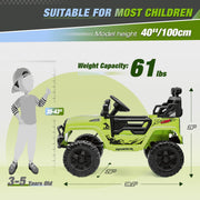 Clovercat 12v 7 Hours Powered Kids Ride on Toys Truck Car w/Parent Remote Control, Green - 3 years and up