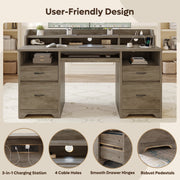 Bestier Farmhouse Executive Desk, 59 in Wood Computer Desk with Charging Station, Keyboard Tray, Monitor Stand, File Cabinet, Gray, H106715SUS-GRYW