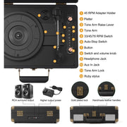 TANLANIN Bluetooth Record Player, 3-Speed Belt-Drive Turntable with Dual Built-In Speakers, USB Recording, RCA AUX Headphone Output, Black PU Leather Case, TE-2021BLACK