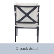 My Texas House Cambria Steel Outdoor Patio Conversation Chairs, Set of 2, White Frame, Blue Cushions