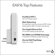 NETGEAR AX2400 WiFi 6 Mesh Range Extender, Dual-Band, Wall-Plug, Gigabit Ethernet, Coverage Up to 1,500 sq. ft., Supports 20 Devices, EAX16-100NAS