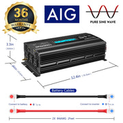 Voltworks 1000W Pure Sine Wave Power Inverter, DC 12V to AC 110-120V, 3 AC Outlets, 2.4A Dual USB Ports, LCD Display, Black, VS-1000PB