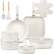 Koch Systeme CS 18-Piece Nonstick Cookware Set, Cream White, Induction Compatible, Glass Lids