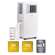 TCL 5,000 BTU Smart Portable Air Conditioner Fan Dehumidifier, 150 Sq Ft Coverage, Remote Control, Install Kit Included, White, W5P93-5