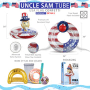POZA Uncle Sam Inflatable Pool Tube, Patriotic USA Flag Design, Sparkle Confetti-Filled Swim Ring Float, 36 in