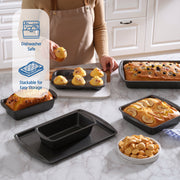 Mainstays 6 Piece Non-Stick Carbon Steel Bakeware Set, Blue, Includes Square Pan, Roaster Pan, Cookie Sheet, 6-Cup Muffin Pan, Loaf Pans