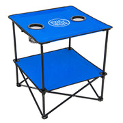 Rio Beach Folding Outdoor Table, 22in Square Blue Fabric Top with Integrated Cupholders and Storage Shelf, Lightweight Steel Frame, FTS22-46-1