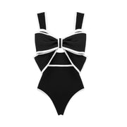 Flaxmaker Women One-Piece Swimsuit Two-Piece Set, Black and White Bow-Tie Cut Out, Polka Dot Print, Padded Bra, Umbrella Skirt