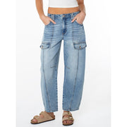 Celebrity Pink Women's Mid Rise Utility Barrel Jeans, Baggy Fit, Medium Wash Gray, Sizes 1-21