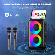 BONAOK Karaoke Machine with 2 Microphones, Portable Bluetooth Speaker, 100W, LED Light Effects, Rechargeable Battery, T08-BK-MI068AB