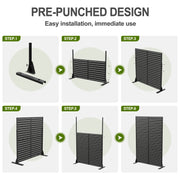 MAYEERTY Outdoor Privacy Screen with Stand, Corrosion Resistant Galvanized Steel, Adjustable Height 72in, Vertical Slat Design, Black, Cecil Metal Balcony Decorative Screen