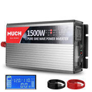 MUCH G-52047 1500W Power Inverter, Pure Sine Wave, 12V DC to 110V AC, USB Port, LCD Display, Gray
