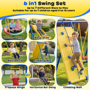 Gardwin 6 in1 Metal Swing Set, Heavy-Duty Outdoor Playground with Climber Net, Climber Wall, Saucer Swing, Double Wall Slide, Belt Swing, Trapeze Bar, Yellow, For 7 Kids Ages 3-12, GW-SW503-BY