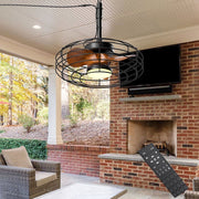 Ohniyou 20-Inch Farmhouse Caged Outdoor Ceiling Fan with Remote, Dimmable Light, and Downrod in Brown