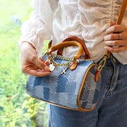 JOZZYAPA Mini Denim Purse Quilted Checkered Light Blue Canvas Tote Crossbody Handbag with PU Leather Handle, 8.6x5.5x4 in, Jozzyapa-jb
