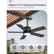 Zardon 42 in Outdoor Ceiling Fan with Light, Waterproof, 6-Speed DC Motor, Remote Control, Downrod Mount, Black, F-DX42BK-1D01-WM-Z