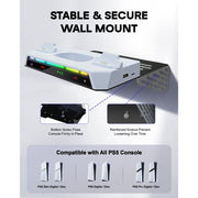 Atzeste PS5 Wall Mount Kit with 2-in-1 Dual Controller Fast Charging Station, Floating Shelf Holder, 9 RGB Light Modes, White, AZC505
