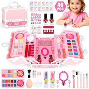 Freecat Kids Makeup Set for Girls, Washable Non-Toxic Lip Gloss, Blush, Eyeshadow, Nail Art Tools, Toy Jewelry, Portable Pink Case, Ages 3-12, 46 Pieces