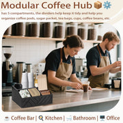 Kabuer Coffee Station Organizer, Wooden Countertop Coffee Bar Storage with 6 Compartments and Adjustable Dividers