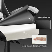 Bigzzia Ergonomic Game Chair w/Height Adjustable Headrest & Lumbar Support, Black & White, PU Leather
