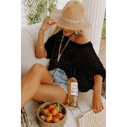 Shine Up Crochet Beach Coverup, Womens Short Sleeve Blouse, Knit Hollow Out, Black