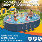 Liyufly Foldable Above Ground Kiddie Pool with Canopy Sunshade, Metal Steel Frame, Oval, 105in, Blue