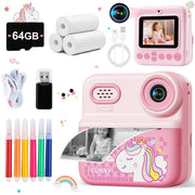 ALLJOY 202588  Instant Print Kids Camera, 12MP, 1080P HD Video, 2.4-Inch IPS Screen, 16X Digital Zoom, Thermal Black-and-White Photo Printer, 64GB SD Card Included
