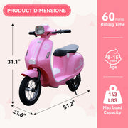SaveJoy SX2438 Kids Motorcycle 24V Retro Ride on Toys for Ages 8+, 15 mph LED Light up Electric Ride On Car, Pink