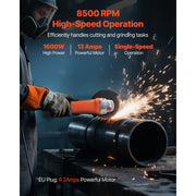 KFFKFF 7-Inch Electric Angle Grinder, 1600W 13-Amp Motor, 8500 RPM Corded Power Tool, 270 Adjustable Dust Shield, Two-Position Side Handle, Black and Orange, LW0205