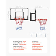 KFFKFF Wall-Mounted Basketball Hoop, 44-Inch Polycarbonate Backboard, Durable Steel Frame, Reinforced Nylon Net, Adjustable Height, Indoor and Outdoor Use, M008