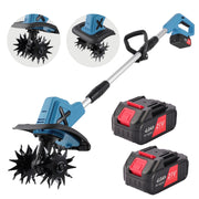 HUSGW 21V Cordless Tiller Cultivator, 9In Clearing Width, 6In Cutting Depth, 4 Steel Tines, Lightweight Handheld Garden Tool