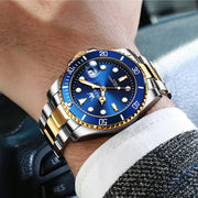 OLEVS Classic Dress Men's Wristwatch, Two-Tone Gold Plated Stainless Steel Bracelet, Blue Dial, Analog Quartz Movement, Date Display, Waterproof, Luminous Hands, 5885