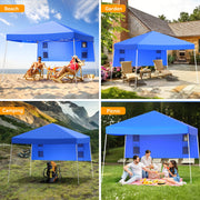 Vecukty Pop Up Canopy Tent, 10ft x 10ft Base, 8ft x 8ft Top, Blue, UV-Resistant Waterproof Cover, Steel Frame with Angled Legs, Adjustable Height, Four Storage Bags
