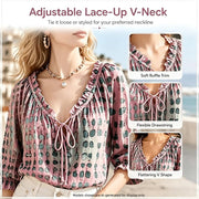 Generic Women's Polka Dot Lace Up Blouse, Abstract Geometric Print, Adjustable Ruffle V-Neck, Lightweight 3/4 Puff Sleeves, Soft Breathable Polyester