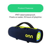 onn Large Rugged Bluetooth Speaker with LED Lighting, IPX7 Waterproof, Floatable, 12 Hours Playtime, Blue