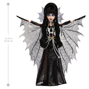 Mattel Monster High Skullector Elvira Mistress of the Dark Doll, Black Faux Leather Dress, Silvery Batwing Cape, Chain Belt, Doll Stand, HYV99
