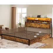 GUNAITO WAL-HB067GKCB King Bed Frame with Three-Shelf Storage Headboard, Two Drawers, Adjustable LED Lighting, Built-In USB Ports, Rustic Brown