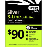 InComm Straight Talk 90 Silver 3-Line Unlimited Prepaid Plan with 10 GB Hotspot Data per Line, Unlimited International Calling, 30-Day