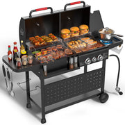 Tcisa 3-Burner Gas and Charcoal Grill Combo, Dual Fuel 30,000 BTU, 748 Sq In Cooking Space, Black Steel Construction