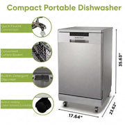 Hamilton Beach Portable Dishwasher, 8 Place Settings, 18 Inch Compact, Stainless Steel Interior, 6 Wash Cycles, Quick Faucet Connection, Rolling Caster Wheels