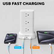 Honeywell Power Tower Charging Station, 15 AC Outlets, 3 USB Ports with 20W USB-C Power Delivery, 900 Joules Surge Protector, 4ft Extension Cord, White