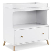 Delta Children Essex Convertible Changing Table with Drawer, Bianca White/Natural, JPMA Certified, W103010-123