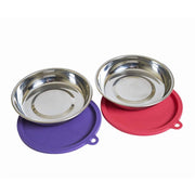 Messy Mutts Cat Feeding Bowl Set, 4 Piece, Stainless Steel Saucer Bowls with Airtight Silicone Lids, 1.75 Cup, Silver, MC043M