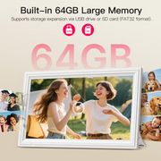 NUSICAN Digital Photo Frame, 64GB, 15.6 Inch 1920x1080P FHD Touch Screen, WiFi with Phone App Sharing, Auto Rotate, Wall Mountable, White