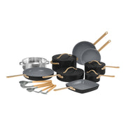 Beautiful by Drew Barrymore 18-Piece EverGood Ceramic Nonstick Cookware Set with Strainer Lids and Utensils, Black Sesame, Gold Handles, Oven Safe 29333