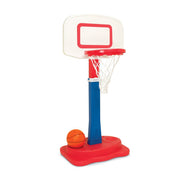Play Day Adjustable Basketball Goal, Height 36 to 44 in, Built-In Ball Storage, Durable Plastic, Pre-Attached Net, Blue Red White