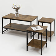 Dowellia 3-Piece Coffee Table Set, Rustic Brown Wood Tops, Black Metal Frame, Includes 1 Rectangular Coffee Table & 2 Square End Tables - Easy Assembly